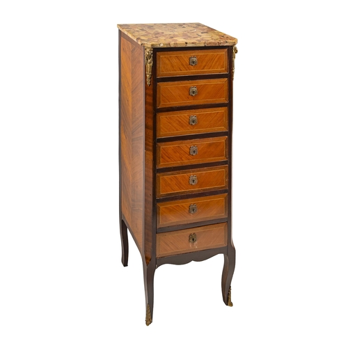 1145 - A French kingwood and mahogany semainier, c1900, with breche d'alet marble slab and gilt lacquered b... 