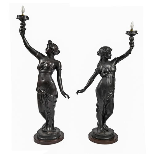 1147 - A pair of bronze female figural torcheres in the manner of Auguste Moreau, of recent manufacture, ea... 