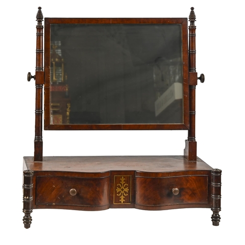 1150 - A George IV brass inlaid mahogany dressing mirror, with ring turned uprights and outset pilasters, 6... 