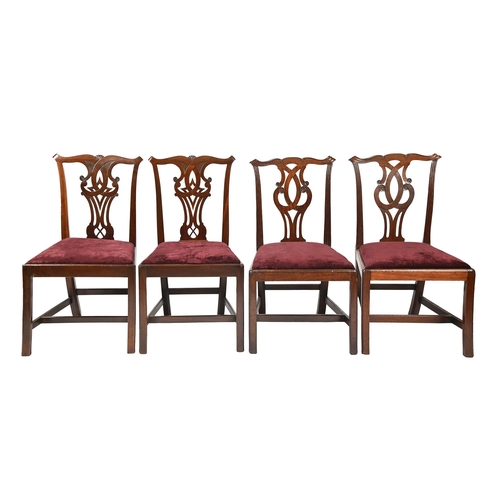 1154 - A set of four George III mahogany dining chairs, with carved and pierced splat, seat height 44cm... 