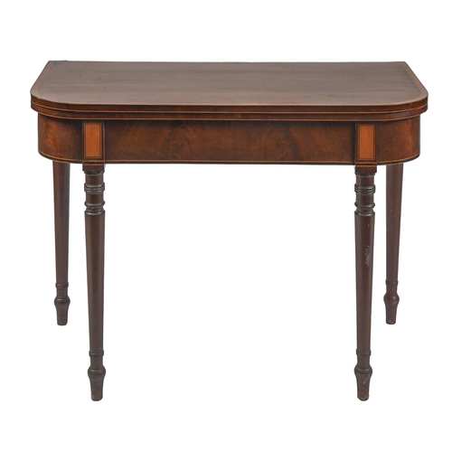 1156 - A George IV mahogany card table, crossbanded in satinwood, 69cm h; 45x 90cm