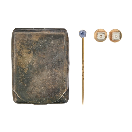 116 - A pair of split pearl, mother-of-pearl and gold dress studs, 1.8g, a stickpin and a silver book matc... 