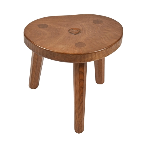 1160 - A Bob 'Wrenman' Hunter oak stool, 1970s, 27cm h; 25 x 30.5cm, carved wren 'signature'... 