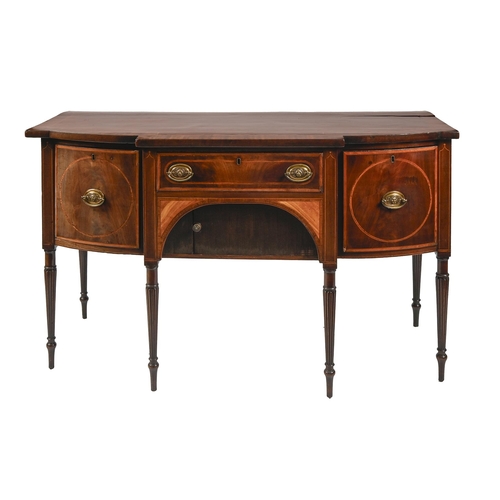 1186 - A Victorian inlaid mahogany breakfront sideboard, the central section enclosed by tambour shutter on... 