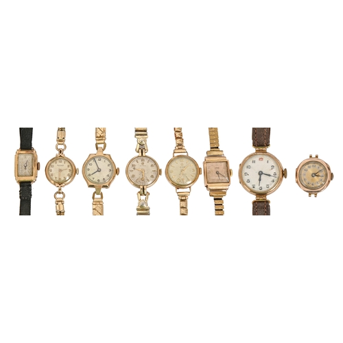 119 - An Admes 18ct gold square lady's wristwatch and seven various other 9ct gold lady's wristwatches, va... 