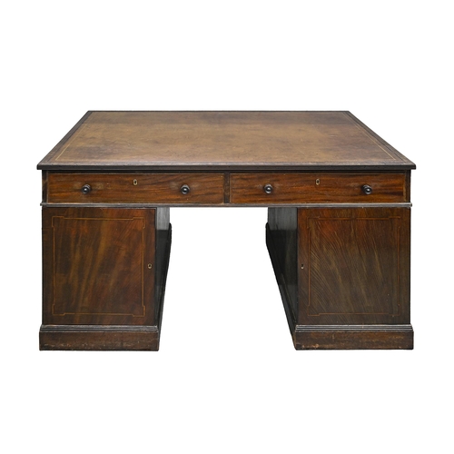 1191 - A George III mahogany pedestal desk, fitted with drawers above doors, the front with a corresponding... 