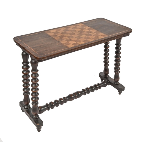 1208 - A Victorian inlaid walnut games table, on bobbin turned legs on stretcher base, 62cm h; 86 x 40cm... 