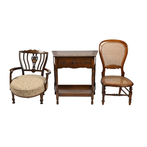 1210 - An Edwardian inlaid mahogany elbow chair, stained wood salon chair and a carved oak side table, 72cm... 