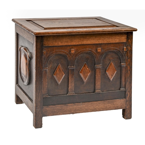 1220 - An oak chest, 20th c, with panelled lid, 55cm h; 39 x 65cm