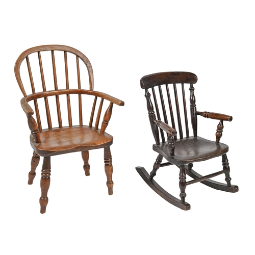 1221 - A Victorian elm child's Windsor chair and a Victorian stained ash spindle back child's rocking chair... 