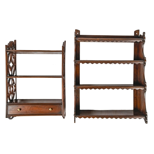 1226 - A Victorian mahogany four tier wall hanging shelf, 81 x 64cm and a later mahogany fretwork hanging s... 