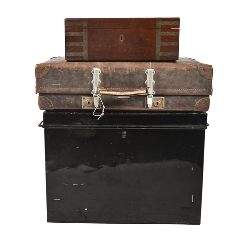 1231 - A Victorian brass bound mahogany campaign writing box, with key 43cm wide, a later japanned trunk 46... 