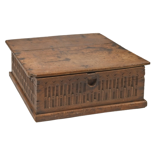 1233 - A Charles II boarded oak box, the boarded lid with notched edge, nulled front and two sides, 25cm h;... 