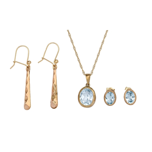 133 - An aquamarine pendant and pair of earrings, in 9ct gold, pendant 19mm overall, a gold necklet and an... 