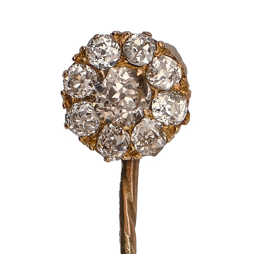 139 - A Victorian gold stick pin with diamond terminal, terminal 9mm diam, 1.8g... 