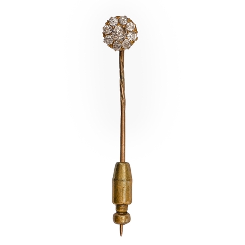 139 - A Victorian gold stick pin with diamond terminal, terminal 9mm diam, 1.8g... 