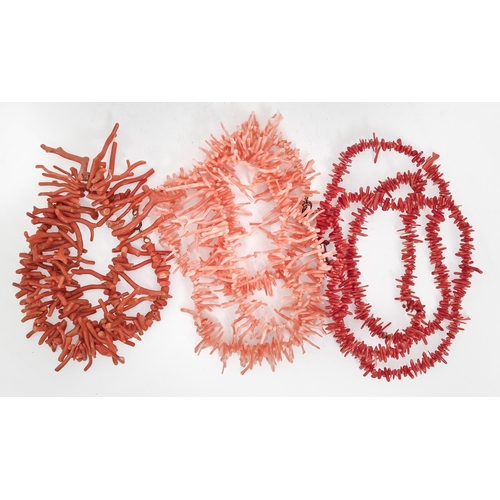 161 - Three coral twig necklaces, various lengths