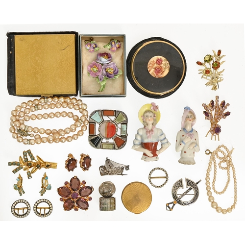 176 - Miscellaneous costume jewellery, a compact, pincushion doll, etc