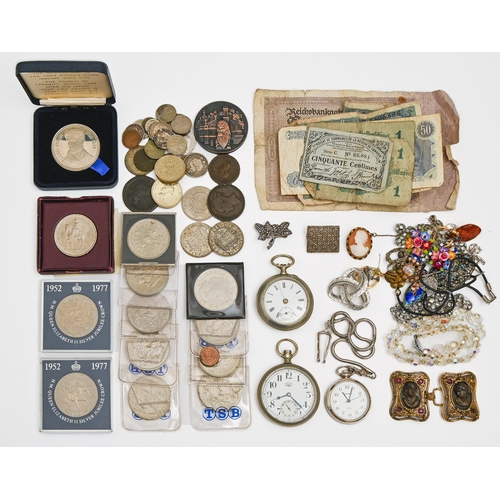 179 - Miscellaneous costume jewellery, early 20th c and later, three silver watches and commemorative crow... 