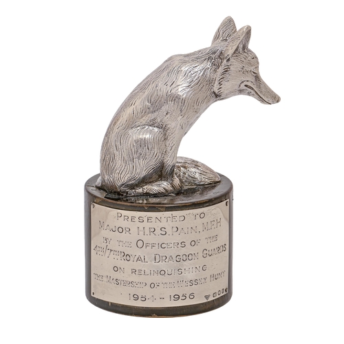 202 - An Elizabeth II cast silver sculpture of a fox,  on ebonised base, the silver tablet engraved w... 