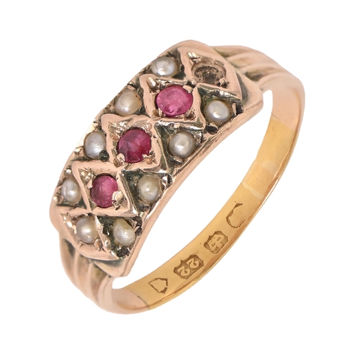 21 - A ruby and split pearl ring, on associated 22ct gold hoop, 2.7g, size LProvenance: Property of a lad... 