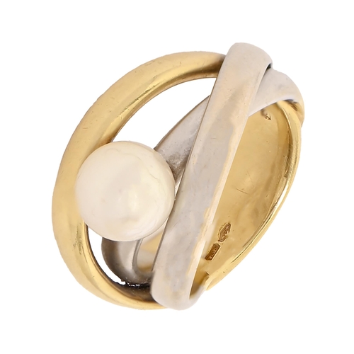 23 - An Italian cultured pearl and three colour gold ring, indistinctly signed, control marks for 18ct go... 