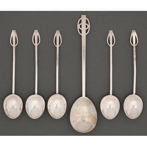 230 - A set of five Arts and Crafts silver coffee spoons and a larger matching spoon, with pierced termina... 