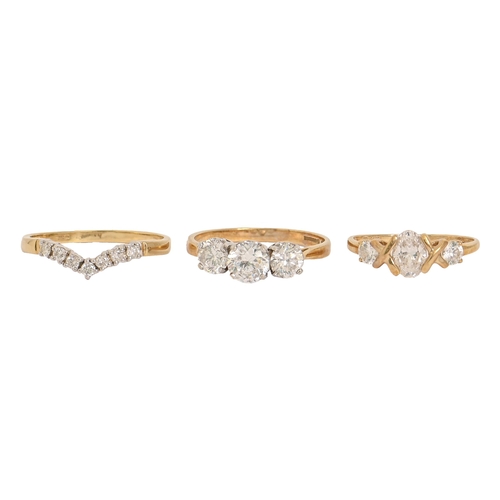 26 - A diamond dart ring, in 18ct gold, 3g, size S and two other gem set rings, in 14ct gold, 4.5g (3)... 