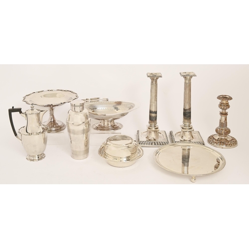 302 - A pair of Sheffield Plate candlesticks, early 19th c, of column form on gadrooned foot, replated, 28... 