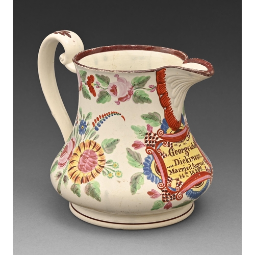 324 - A Don Pottery pearlware marriage jug, dated 1826, inscribed on a yellow reserve George & Ann Dic... 