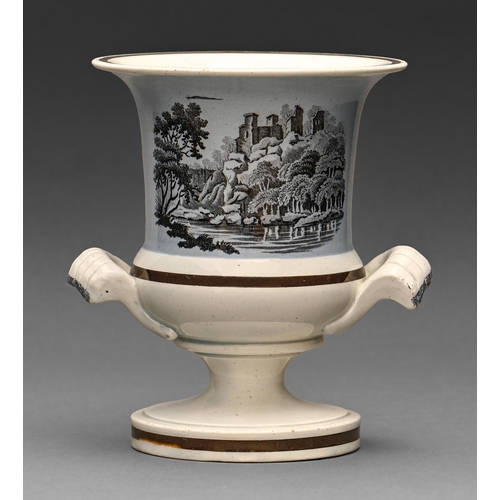 338 - A pearlware campana vase, attributed to the Don Pottery, c1820, with black transfer prints, 13cm h, ... 