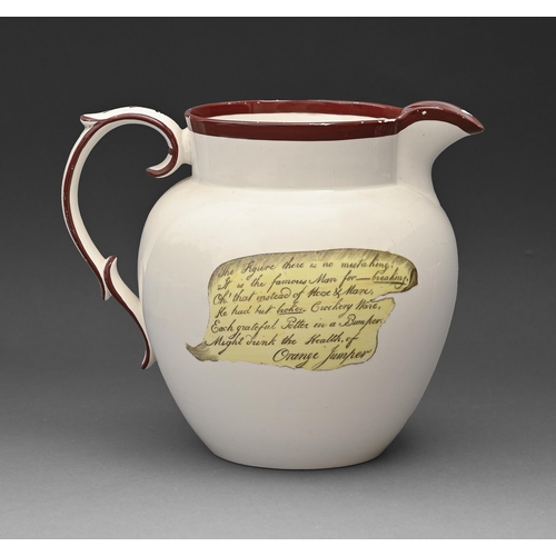 355 - A Don Pottery fine white earthenware 'Jumper' jug, printed and painted with the 'Orange Jumper' John... 