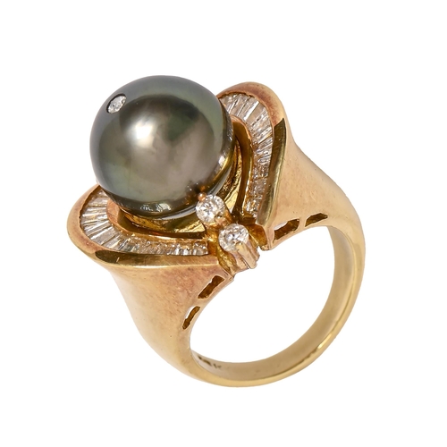 39 - A grey cultured pearl and diamond ring, the approx 12mm cultured pearl with diamond and flanked by r... 