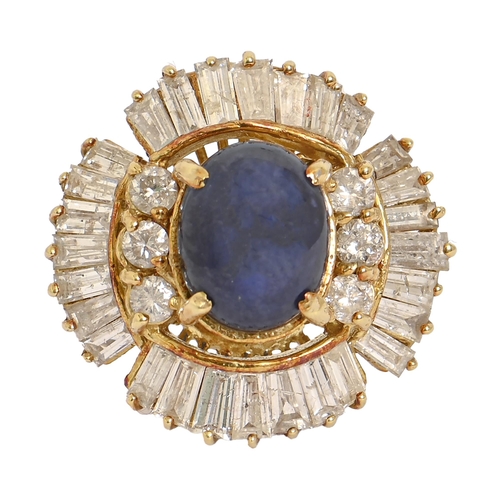 46 - A sapphire and diamond ring, the central sapphire en cabochon flanked by six round brilliant cut dia... 