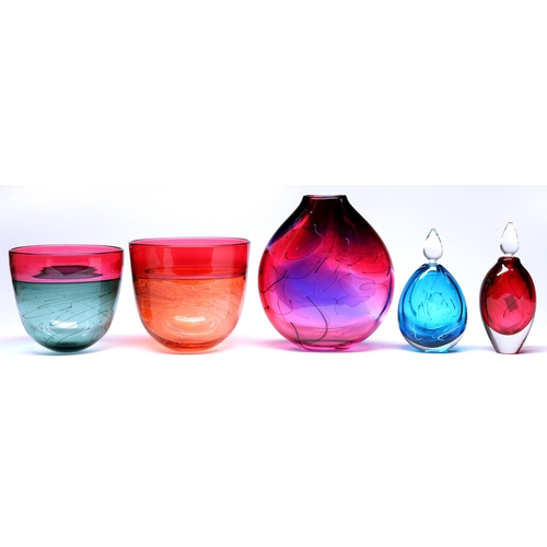 491 - Studio glass. Stuart Akroyd. Vase, bowls and bottles, five, cased glass with abstract trails, vase 2... 