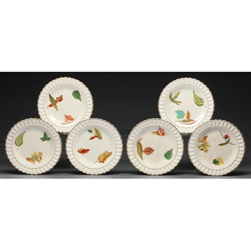 492 - A set of six Wedgwood Queen's ware blind trellis moulded dessert plates, 1884, printed and painted w... 
