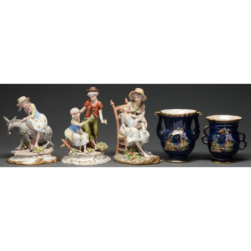 508 - Two Crown Devon blue ground vases and one and a pair of Italian pottery figures, mid 20th c and late... 