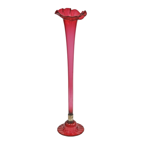 526 - An Edwardian floor standing cranberry glass jack-in-the-pulpit vase, 118cm h