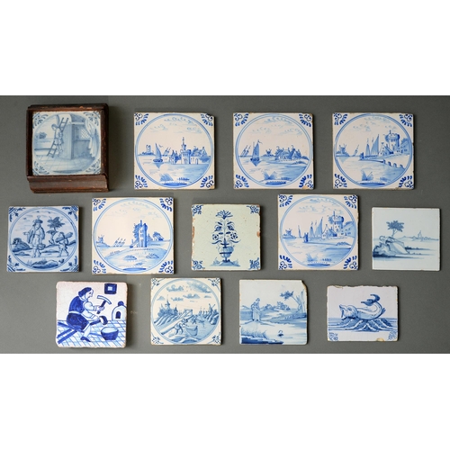 532 - Thirteen Dutch delftware and other tinglazed earthenware blue and white tiles, 18th c and later, 6in... 