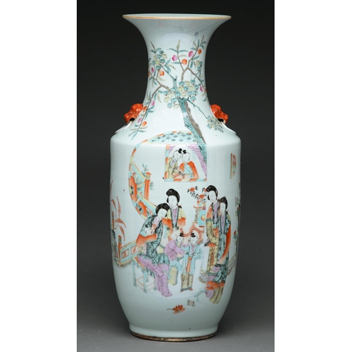 534 - A Chinese famille rose vase, 20th c, painted with figures and Chinese characters, with moulded lion ... 