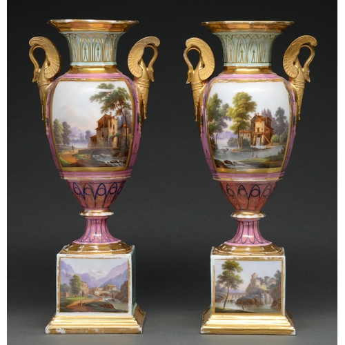 535 - A pair of Paris porcelain vases, c1830, in empire style, painted with landscapes reserved in a pink ... 