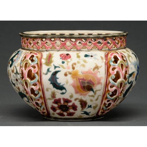 537 - A Zsolnay reticulated cache pot, late 19th c, 10cm h, impressed and printed mark, pattern No 1063... 