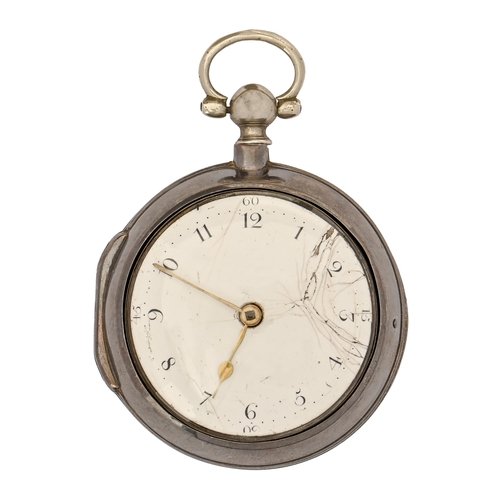 58 - An English silver pair cased verge watch, T Glasgow, Dublin, No 3493, with enamel dial and chain fus... 