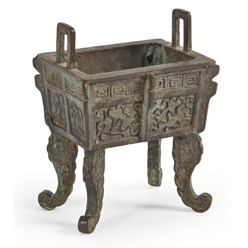 585 - A Chinese bronze censer, 19th c, on scrolling legs, 11cm h excluding handles