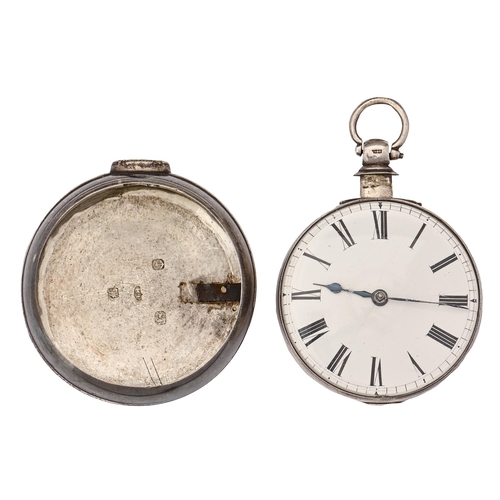 60 - An English silver pair cased verge watch, the unsigned enamel dial numbered 6681, with chain fusée m... 