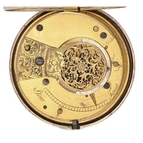 60 - An English silver pair cased verge watch, the unsigned enamel dial numbered 6681, with chain fusée m... 