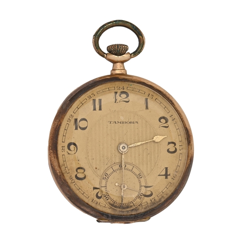 61 - A Tambora gold keyless lever watch, c1920, base metal cuvette, 44mm diam, marked 14K, 49.2mm diam... 