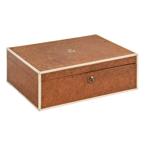 610 - A fine ivory-inlaid burr maple cigar box, late 19th/early 20th c, Callow Mount St Park Lane, the lid... 