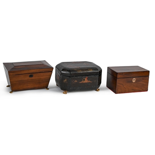 613 - A Victorian rosewood tea caddy, of sarcophagus shape with giltmetal paw feet, 13cm h, contemporary r... 