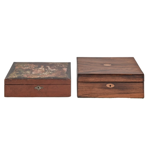 614 - A Victorian mahogany writing box with fitted interior and painted lid, 27cm w and a contemporary ros... 